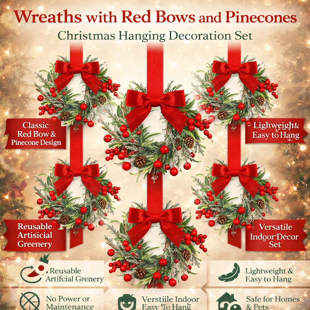 Christmas Wreath Set | Red Bows, Pinecones &amp; Greenery | Lightweight Polyester, Reusable Hanging Door Decor for Holidays 4