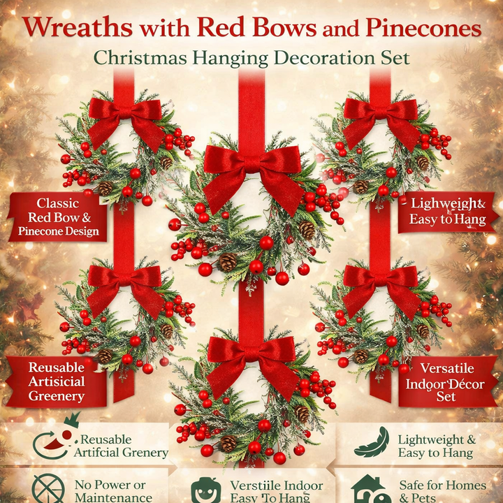 Christmas Wreath Set | Red Bows, Pinecones &amp; Greenery | Lightweight Polyester, Reusable Hanging Door Decor for Holidays 4