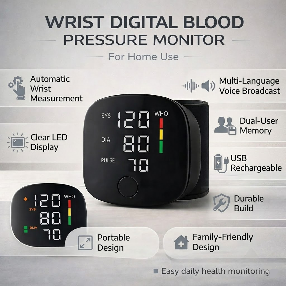 Wrist Blood Pressure Monitor Automatic | Arrhythmia Detection, LED Display, Dual-User Memory | USB Rechargeable
