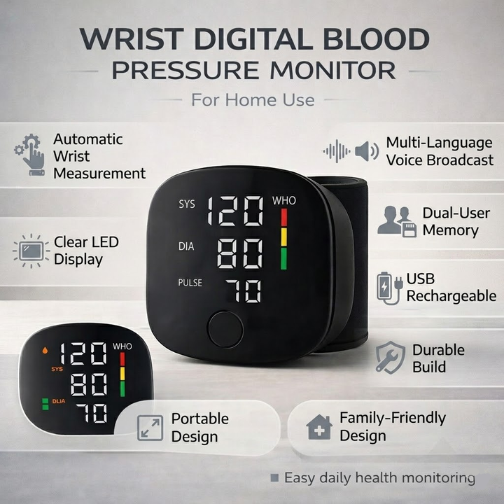 Wrist Blood Pressure Monitor Automatic | Arrhythmia Detection, LED Display, Dual-User Memory | USB Rechargeable