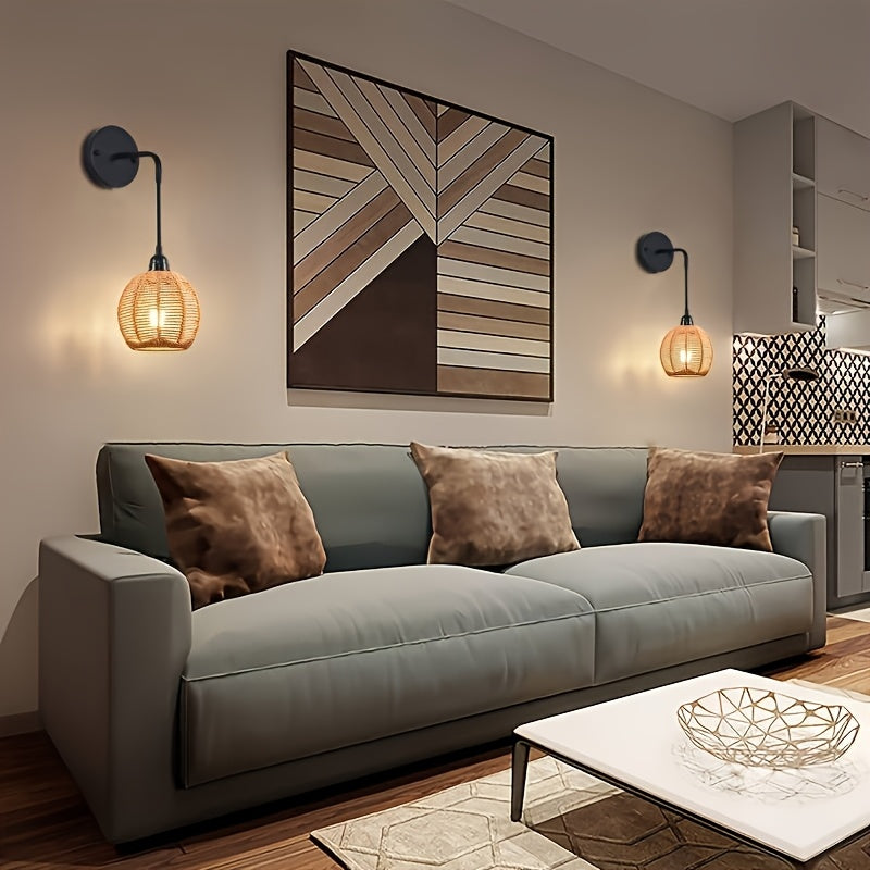 Handwoven Rattan Wall Lamp | Adjustable Arm Metal Frame Sconce | Warm Ambient Bedside &amp; Living Room Wall Light 2