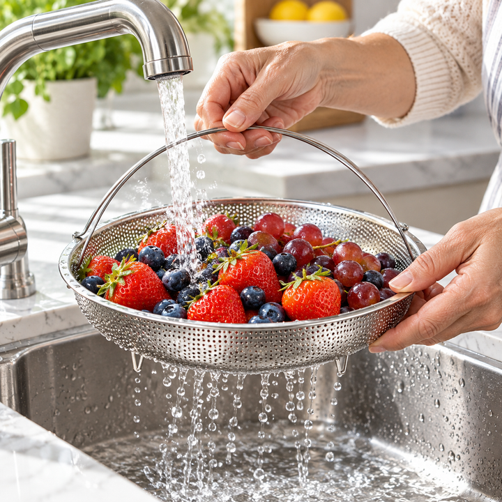 Steamer Basket Stainless Steel Rustproof Folding Handle with Raised Feet 2