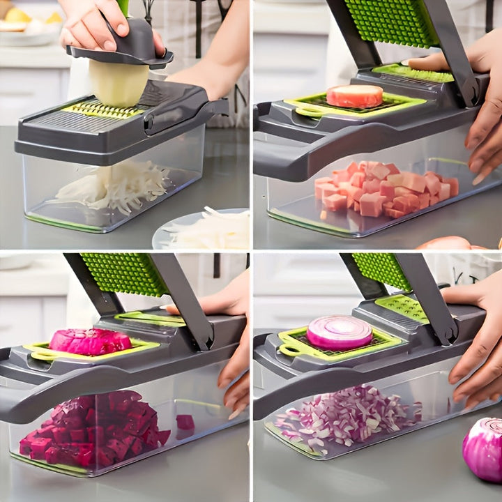 Vegetable Chopper Manual 16-in-1 | 8 Interchangeable Blades, Container &amp; Strainer | Dice, Slice, Julienne Without Electricity 9