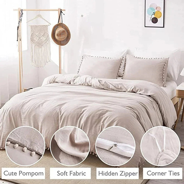 Quilt Cover Set with Pompom Trim | Single, Double, Queen, King, 10 Colours | Oversized Fit, Matching Pillowcases Included 13