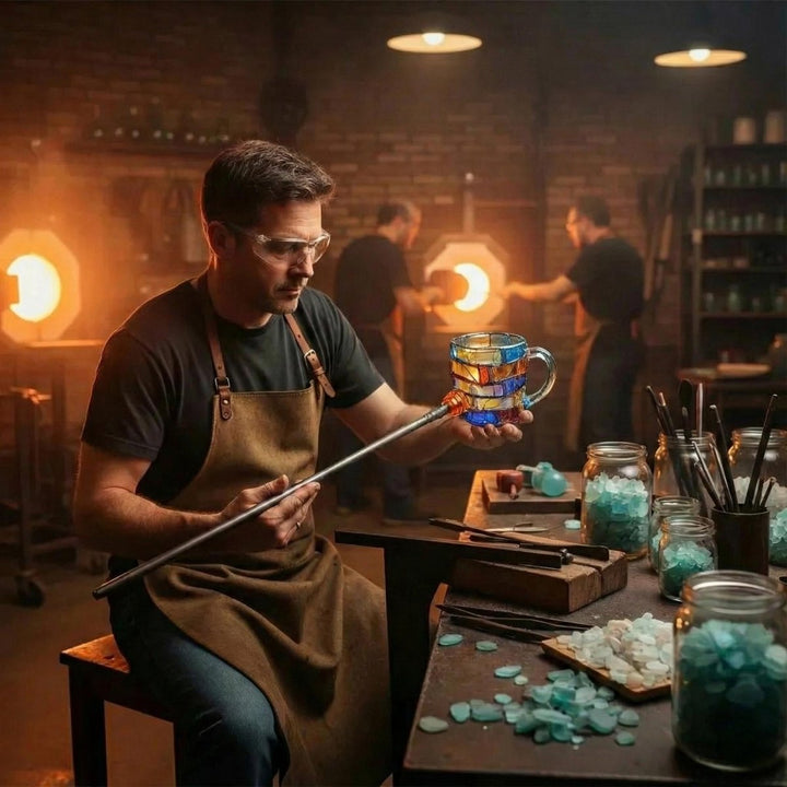 Glassblower working with molten glass in a workshop