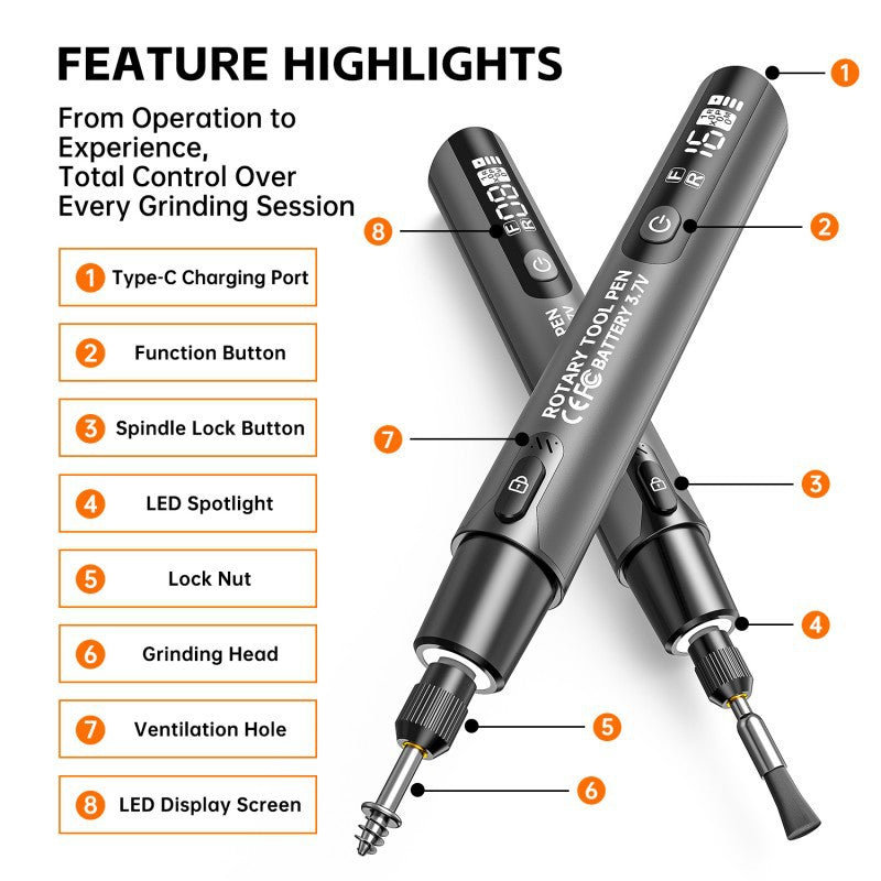 Rotary Tool, 16,000 RPM Motor, 215 x 90 x 35 mm | Grey or Orange | Six-Speed Control, Forward/Reverse, Works While Charging 6