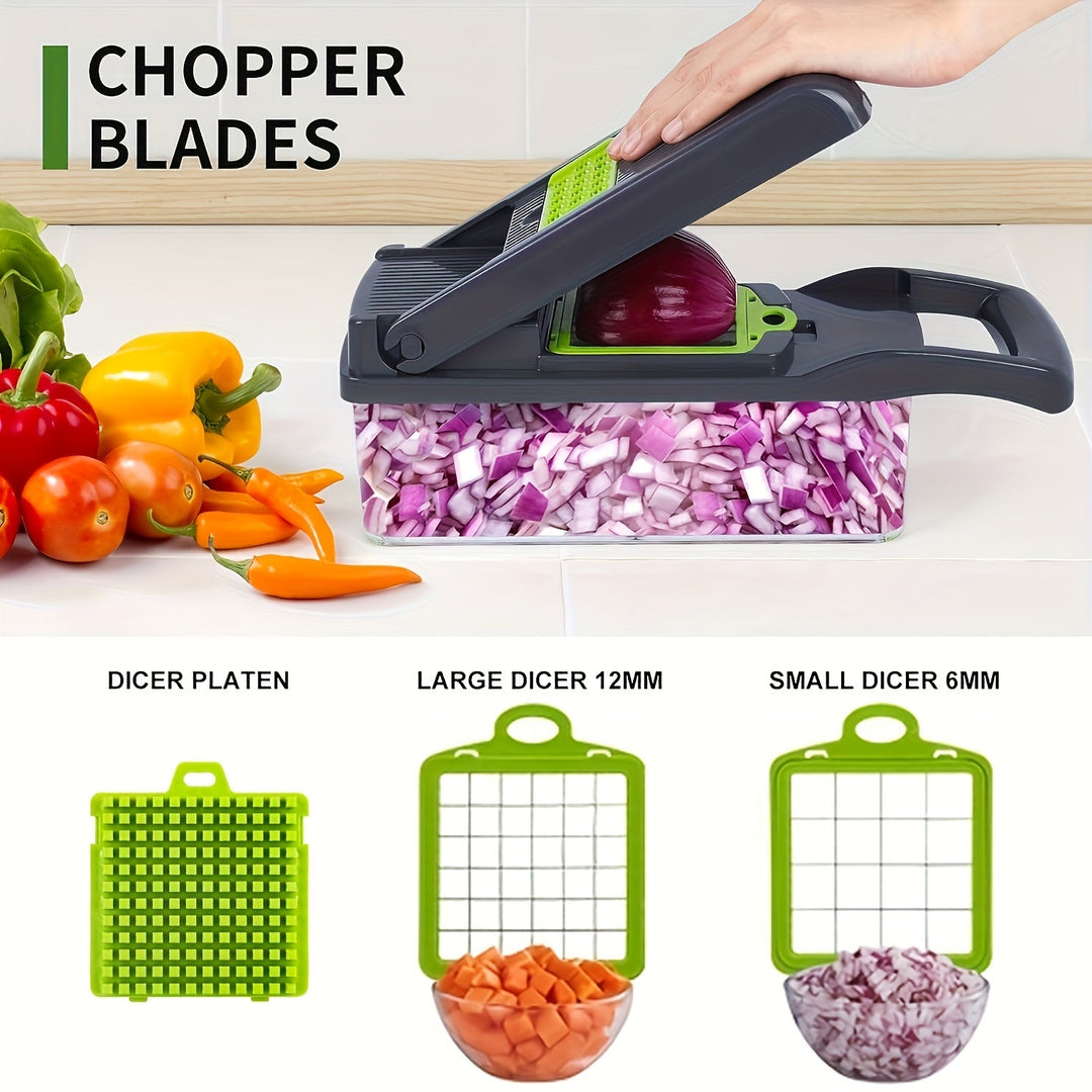 Vegetable Chopper Manual 16-in-1 | 8 Interchangeable Blades, Container &amp; Strainer | Dice, Slice, Julienne Without Electricity 4