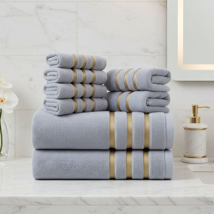 Bath Towel Set with Terry Cloth Gold Stripes and Plush Absorbent 8-Piece Bathroom - Image 1