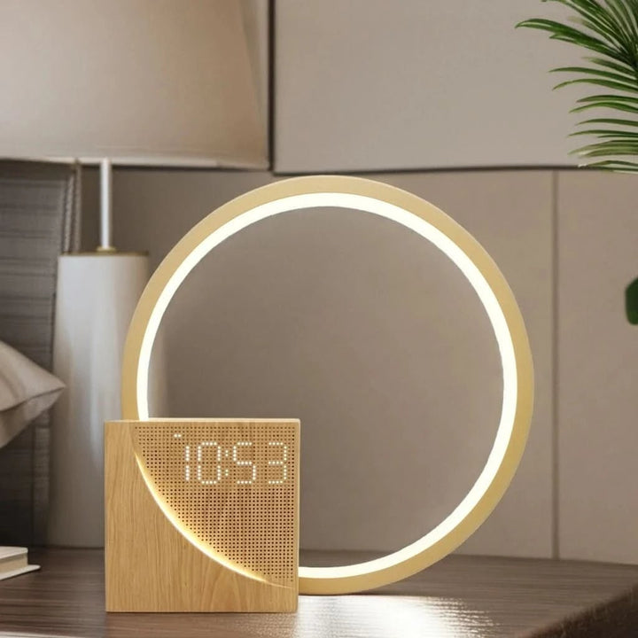 Bedside Table Lamp Alarm Clock LED Digital USB Rechargeable Wood Display - Image 1