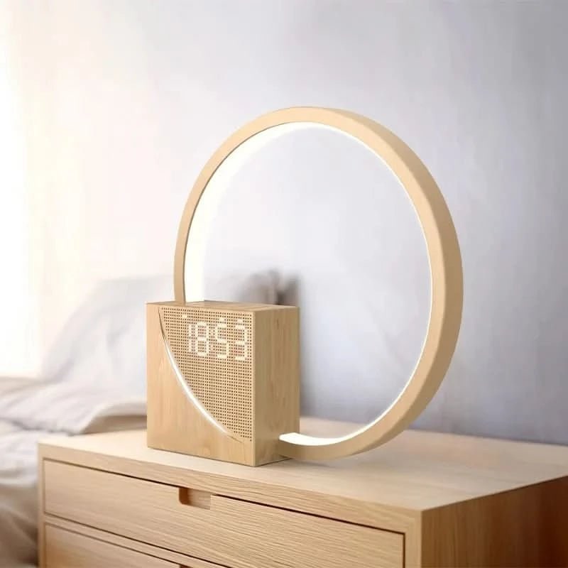 Bedside Table Lamp Alarm Clock LED Digital USB Rechargeable Wood Display - Image 2