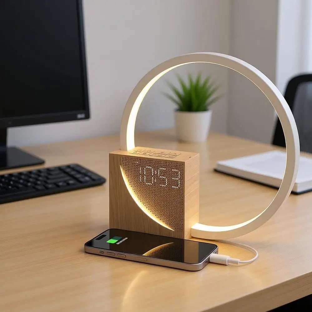 Bedside Table Lamp Alarm Clock LED Digital USB Rechargeable Wood Display - Image 3