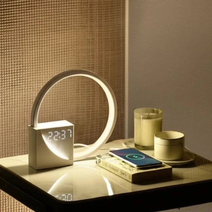 Bedside Table Lamp Alarm Clock LED Digital USB Rechargeable Wood Display - Image 4