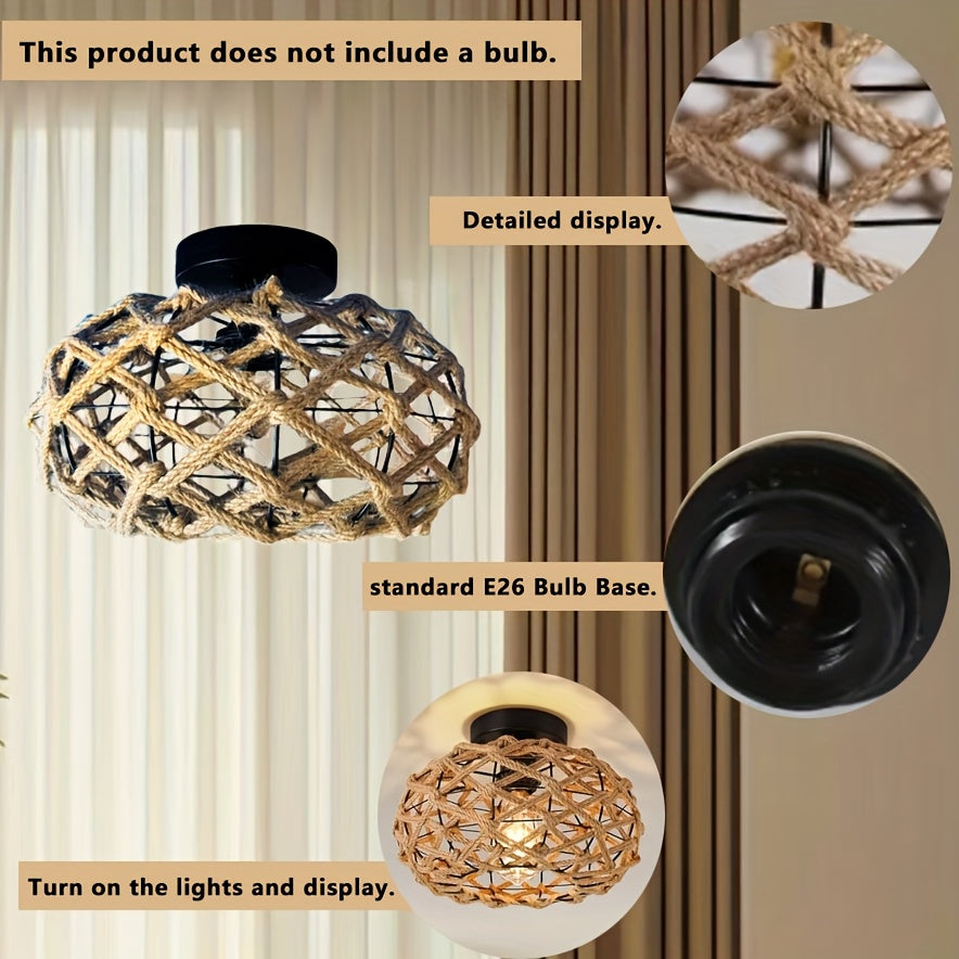 Hemp Rope Ceiling Light Flush Mount | Handwoven Iron Frame Fixture | Warm Ambient Glow for Bedroom and Living Room 3