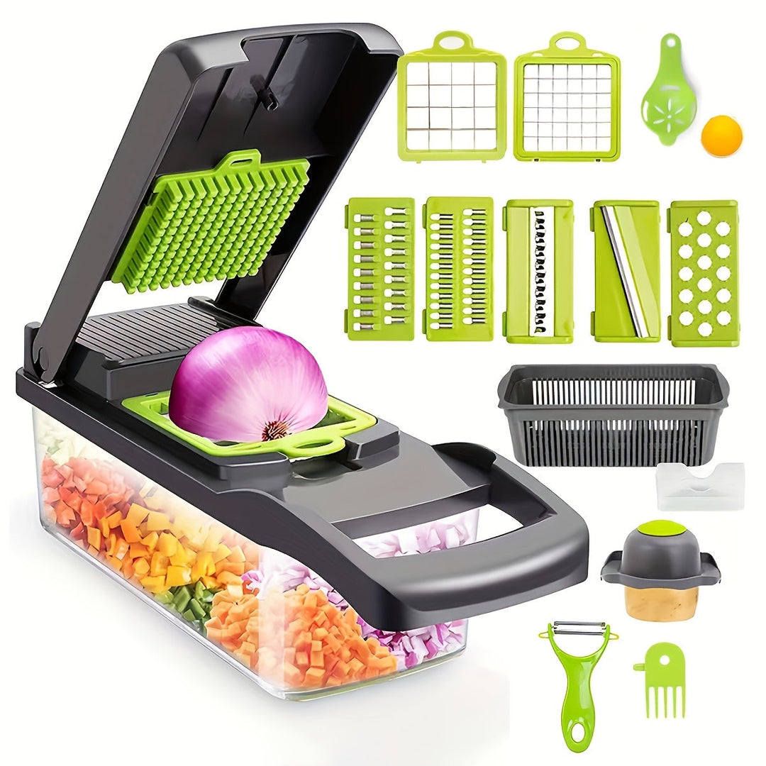 Vegetable Chopper Manual 16-in-1 | 8 Interchangeable Blades, Container &amp; Strainer | Dice, Slice, Julienne Without Electricity 2