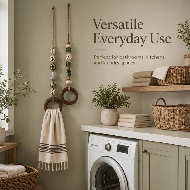 Towel Hanger Rustic Wall Mounted Wood Jute Lightweight with Ceramic Beads 11