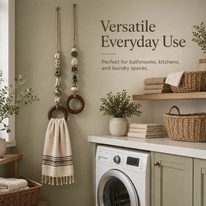 Towel Hanger Rustic Wall Mounted Wood Jute Lightweight with Ceramic Beads 11
