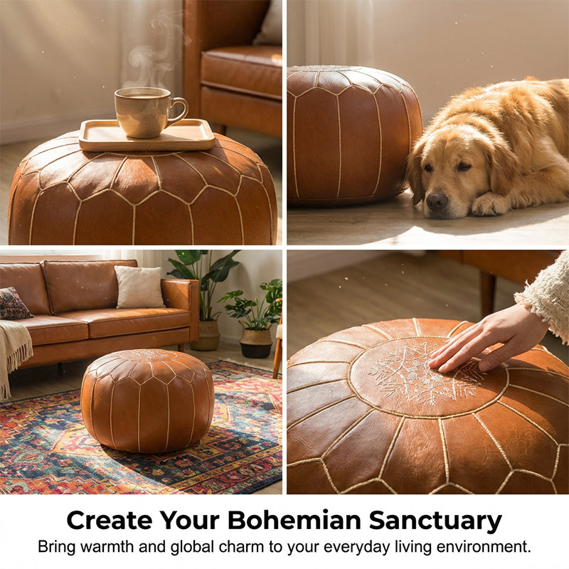 Storage Ottoman Waterproof Embroidered Round Pouf with Side Handle 7