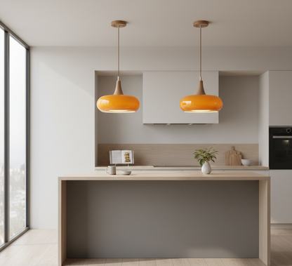 Charlotte glass pendant light with amber shade and wood top for warm ambient lighting in kitchens and dining rooms