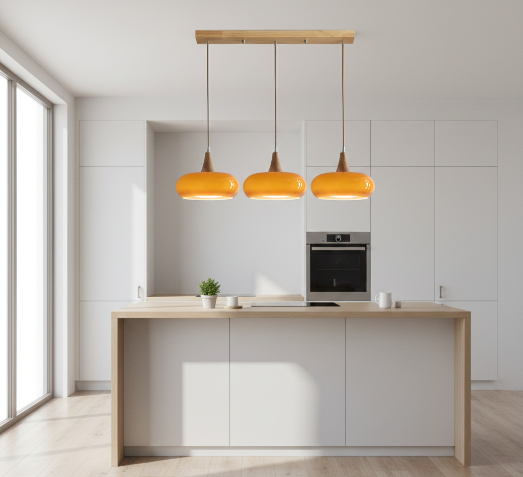 Charlotte pendant light triple installed in kitchen providing cozy, warm ambient lighting