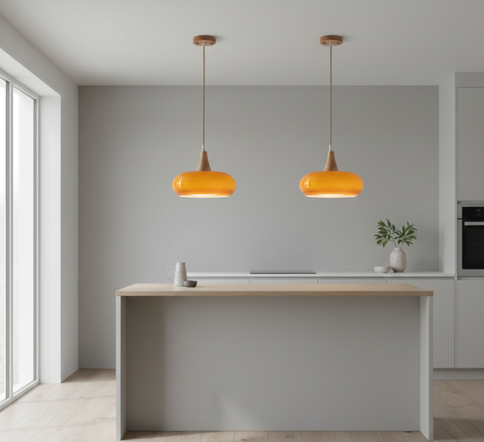 Charlotte pendant light double installed in kitchen providing cozy, warm ambient lighting