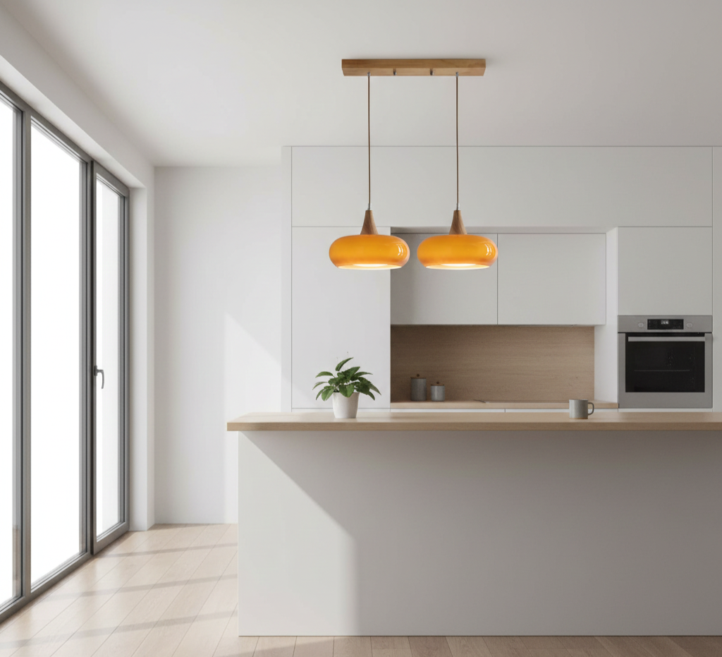 Charlotte pendant light installed in kitchen providing cozy, warm ambient lighting