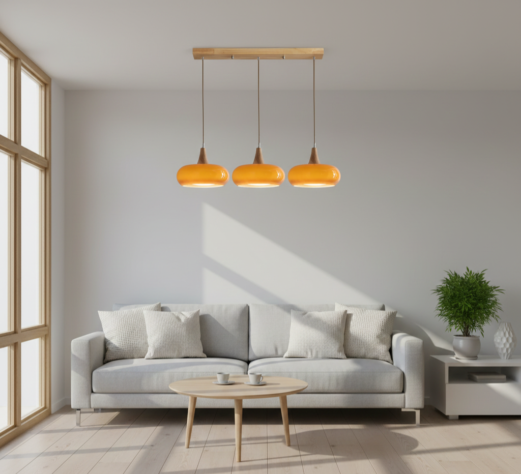 Charlotte pendant light installed in living room providing cozy, warm ambient lighting