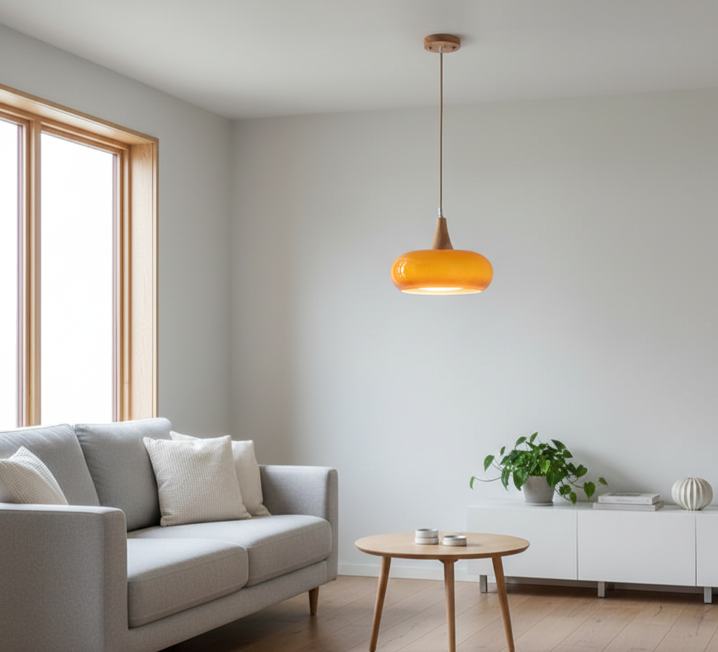 Charlotte glass pendant light with amber shade and wood top for warm ambient lighting in kitchens and dining rooms