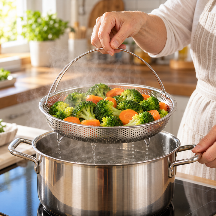 Steamer Basket Stainless Steel Rustproof Folding Handle with Raised Feet 1