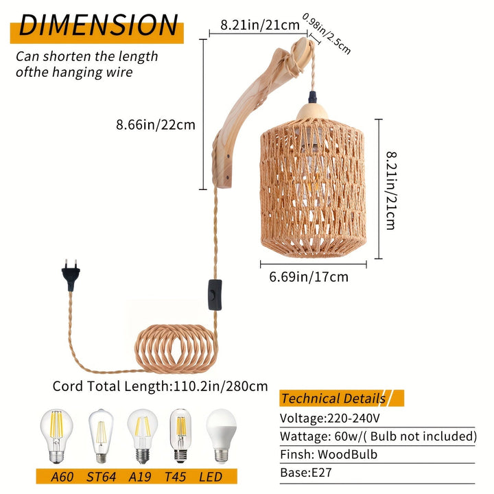 Rattan Wall Lamp Wood &amp; Rattan | Hand-Woven Shade with Plug-In Design | Soft Ambient Lighting for Cosy Interiors 5