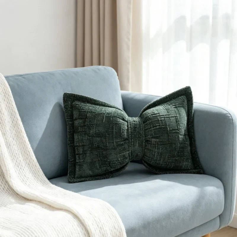 Bow Throw Pillow Shaped Chenille Plush Decorative with Fitted Insert 17