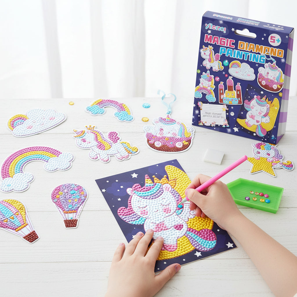Diamond Painting Kit for Kids | Unicorn and Dino Designs | Complete Craft Set with Canvas, Applicator Tool and Tray 1