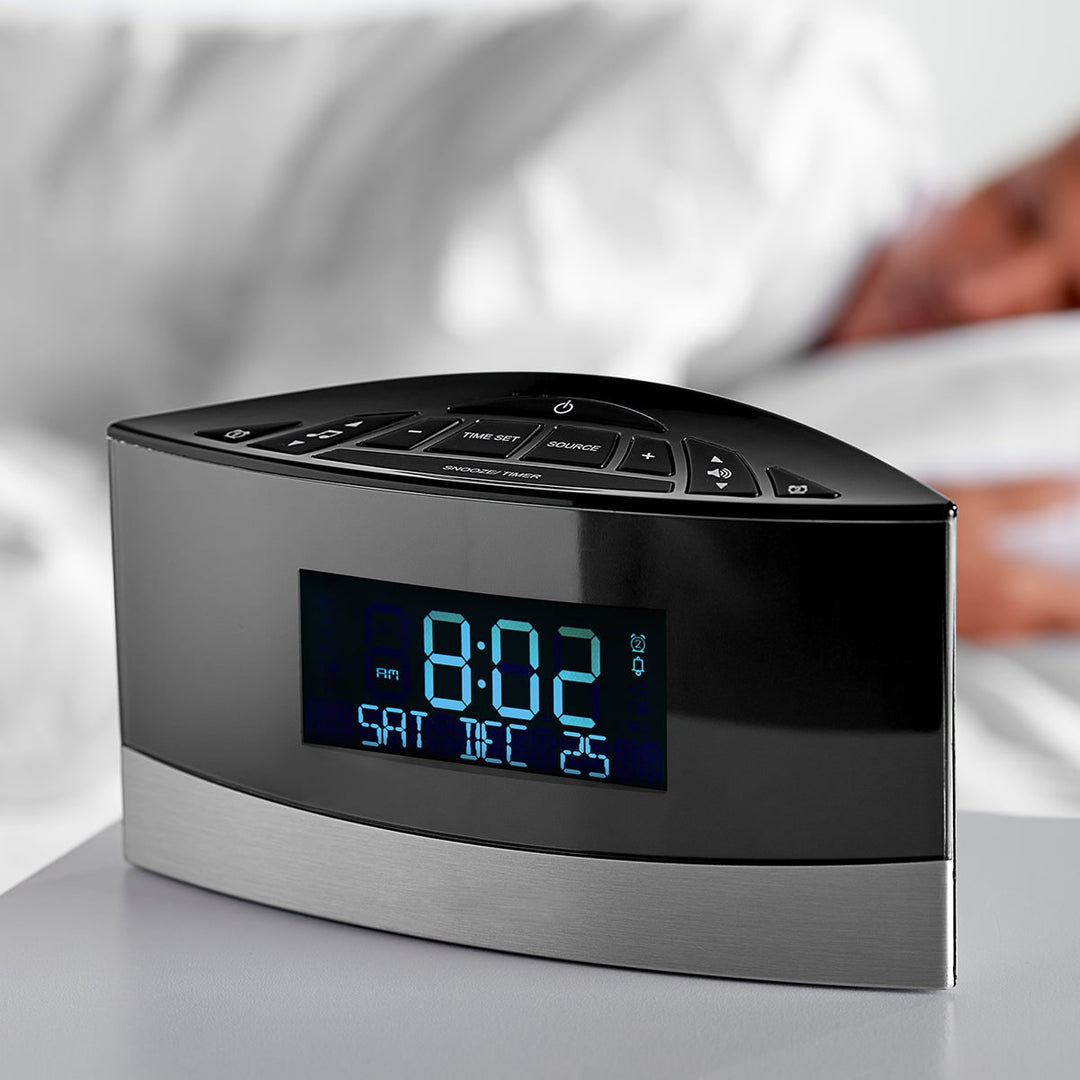 Digital Alarm Clock Radio Bedside Sound Machine Calendar Display Metal White Noise - Image 2