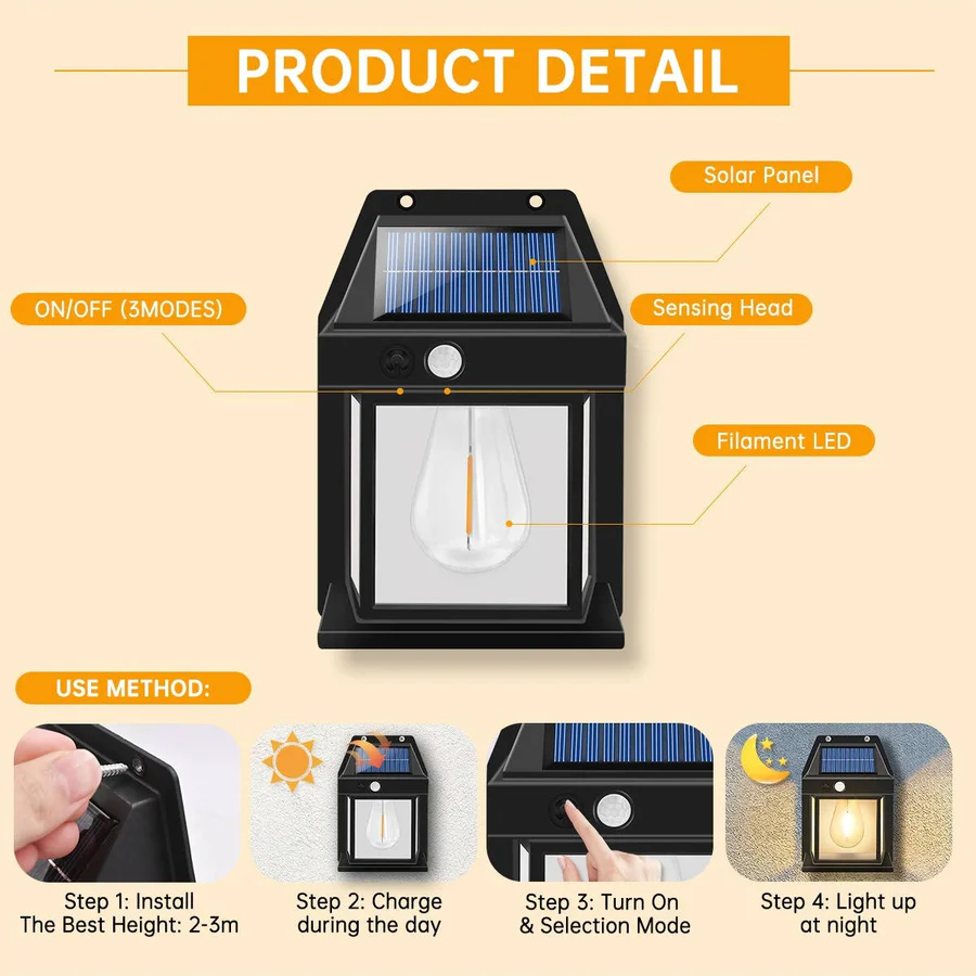 Solar Wall Lamp Outdoor Weatherproof 120-Degree Sensor with 3 Lighting Modes 8