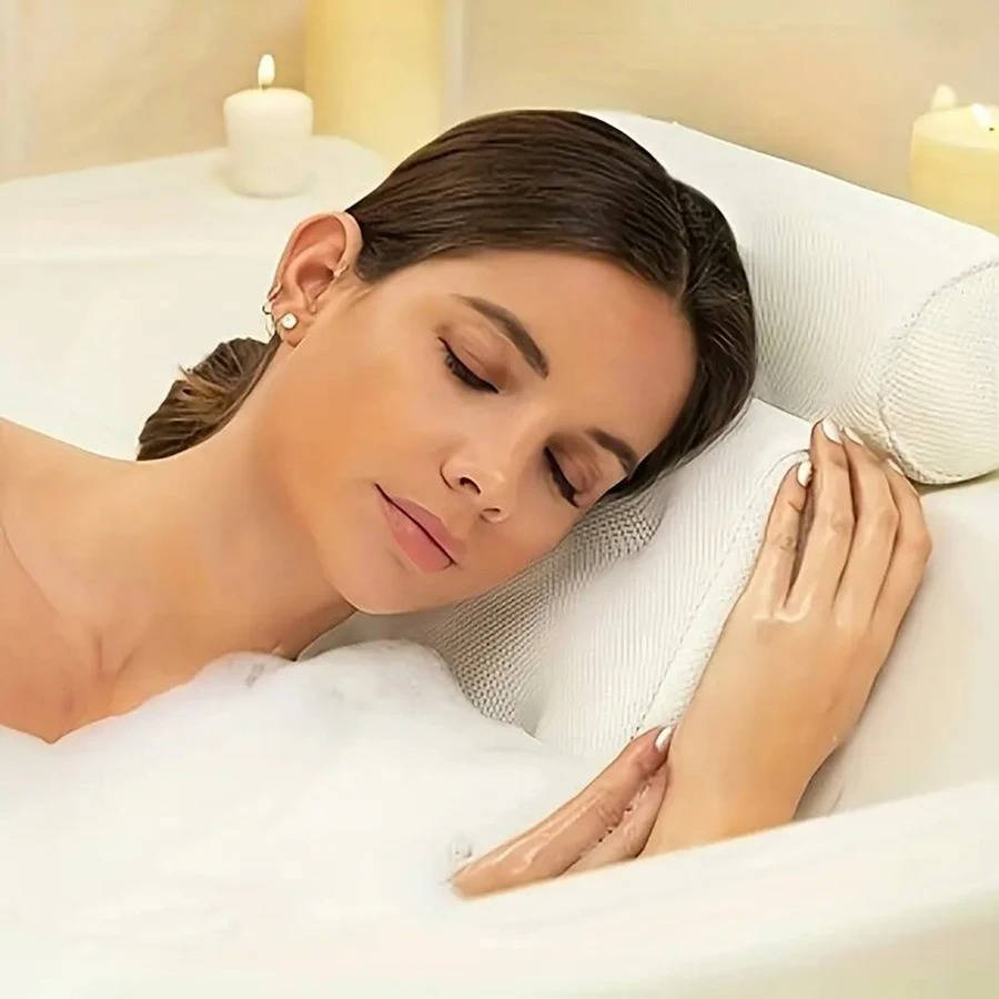 Bath Pillow 3D Mesh Fabric | 6 Suction Cups for Neck and Back Support | Quick Dry Non-Slip Tub Cushion with Hook 2