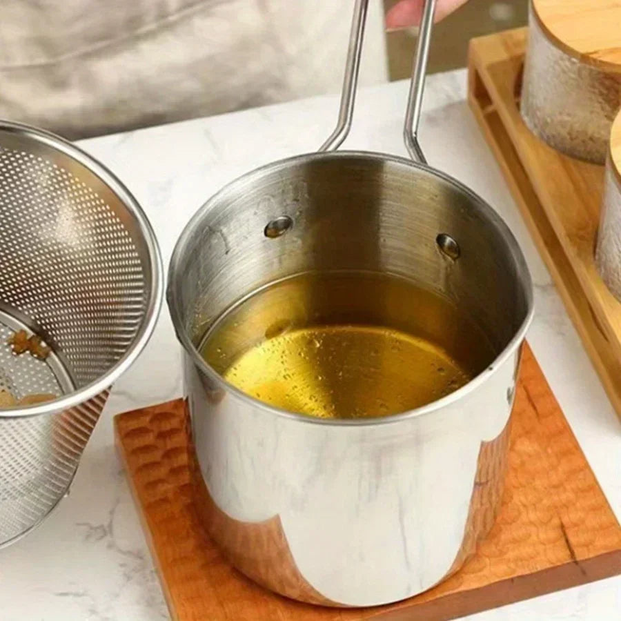 Stainless Steel Deep Fryer Pot with Strainer Basket | 1200ml Capacity, All Stovetop Compatible | Even Heat Distribution 1