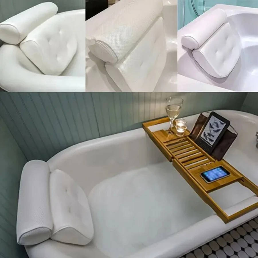 Bath Pillow 3D Mesh Fabric | 6 Suction Cups for Neck and Back Support | Quick Dry Non-Slip Tub Cushion with Hook 7