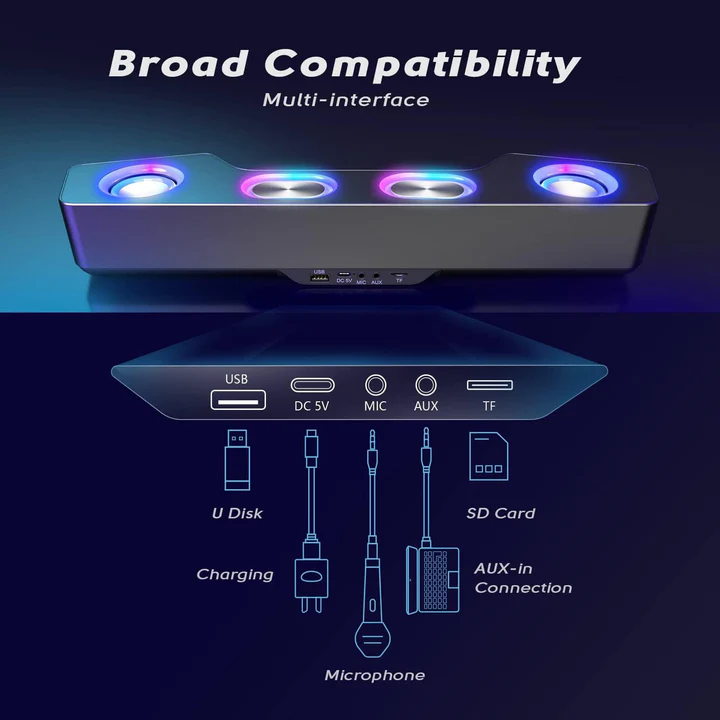RGB Bluetooth Desktop Speakers | Bluetooth 5.1 Range up to 32.8ft | Dual Drivers, Rechargeable Battery, Mic Port 7
