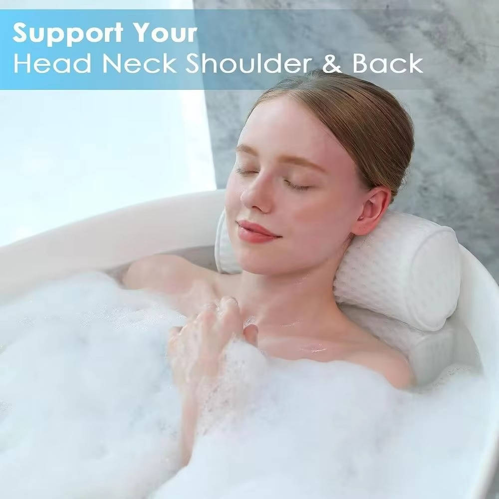 Bath Pillow 3D Mesh Fabric | 6 Suction Cups for Neck and Back Support | Quick Dry Non-Slip Tub Cushion with Hook 3