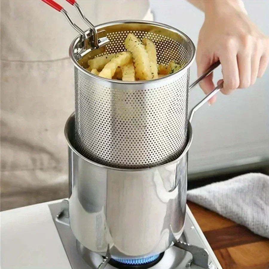 Stainless Steel Deep Fryer Pot with Strainer Basket | 1200ml Capacity, All Stovetop Compatible | Even Heat Distribution 3