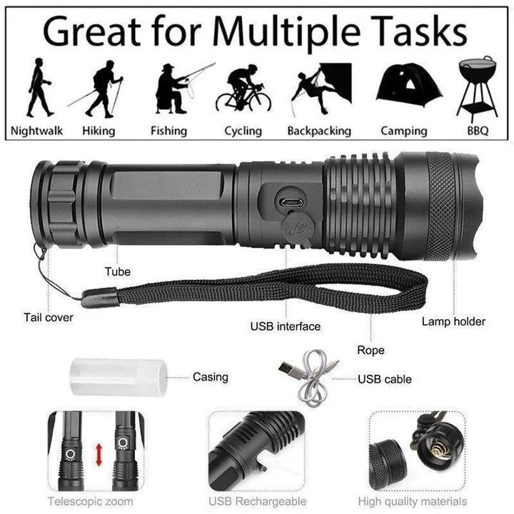 90,000 Lumens LED Flashlight | Telescopic Zoom, 3 Modes | Rechargeable, Impact-Resistant, IPX-6 Waterproof Aluminium Body 3