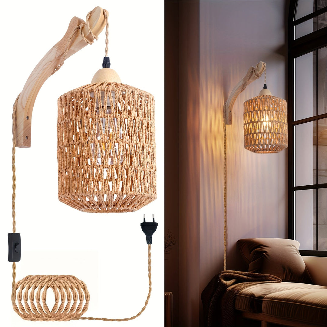 Rattan Wall Lamp Wood &amp; Rattan | Hand-Woven Shade with Plug-In Design | Soft Ambient Lighting for Cosy Interiors 1