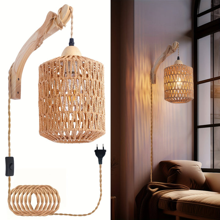Rattan Wall Lamp Wood &amp; Rattan | Hand-Woven Shade with Plug-In Design | Soft Ambient Lighting for Cosy Interiors 1