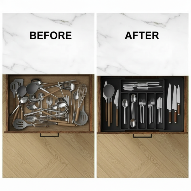 Expandable Kitchen Organizer Drawer Tray with Multiple Compartments 2