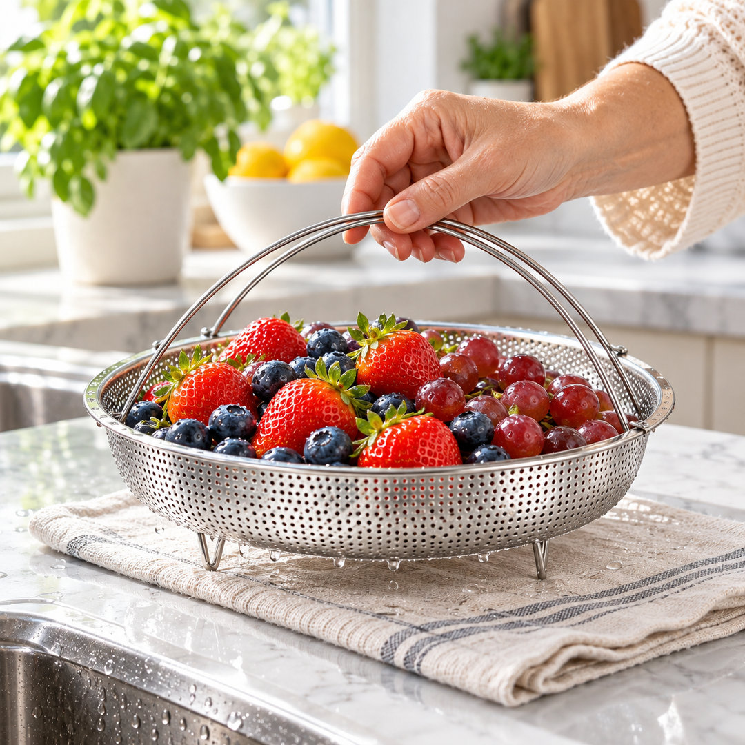 Steamer Basket Stainless Steel Rustproof Folding Handle with Raised Feet 3