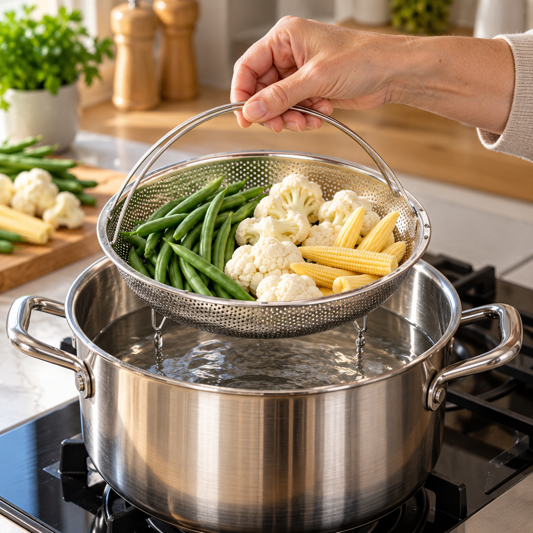 Steamer Basket Stainless Steel Rustproof Folding Handle with Raised Feet 4