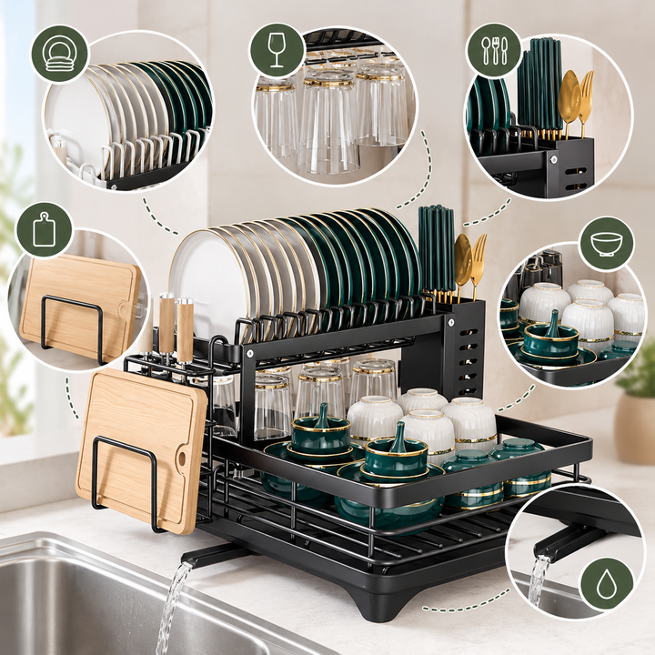 Kitchen Storage Dish Rack 2-Tier Coated Steel with 360 Rotating Drain 9