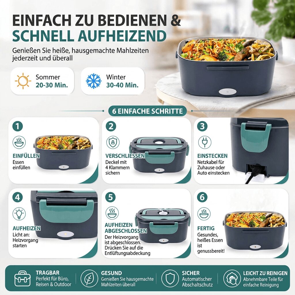 Electric Heated Lunchbox, Stainless Steel Interior | Home &amp; Car Power, Adjustable Temperature | Warms Meals in 20-30 Minutes 4