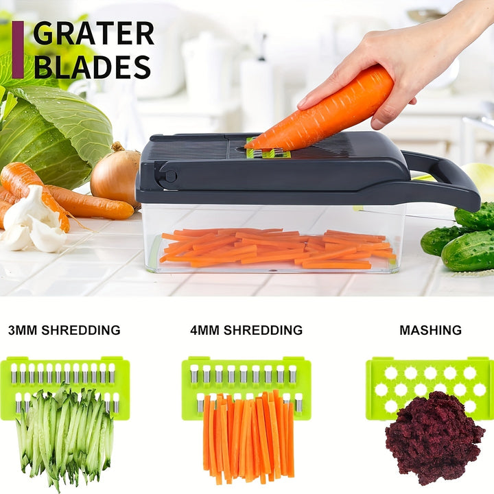 Vegetable Chopper Manual 16-in-1 | 8 Interchangeable Blades, Container &amp; Strainer | Dice, Slice, Julienne Without Electricity 6