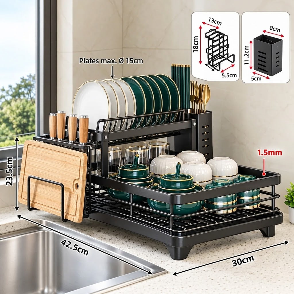 Kitchen Storage Dish Rack 2-Tier Coated Steel with 360 Rotating Drain 16
