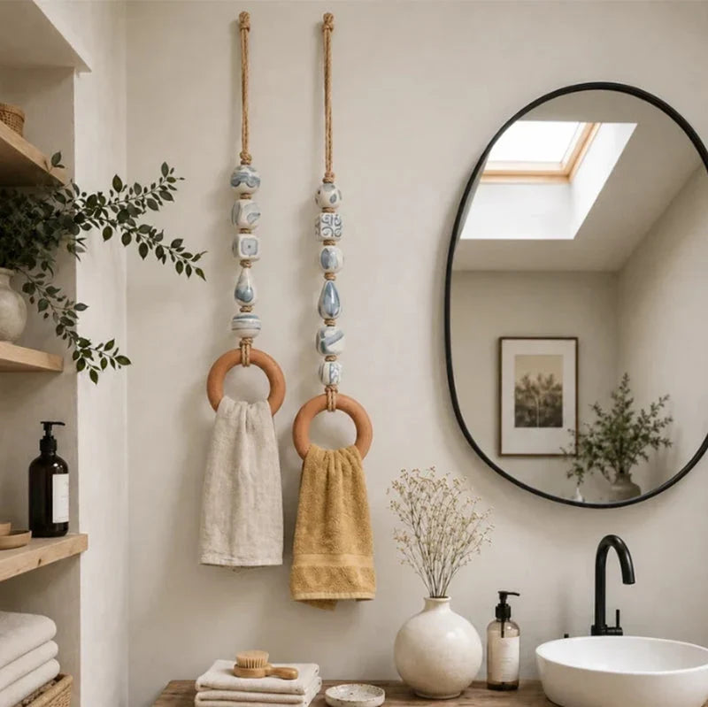 Towel Hanger Rustic Wall Mounted Wood Jute Lightweight with Ceramic Beads 16